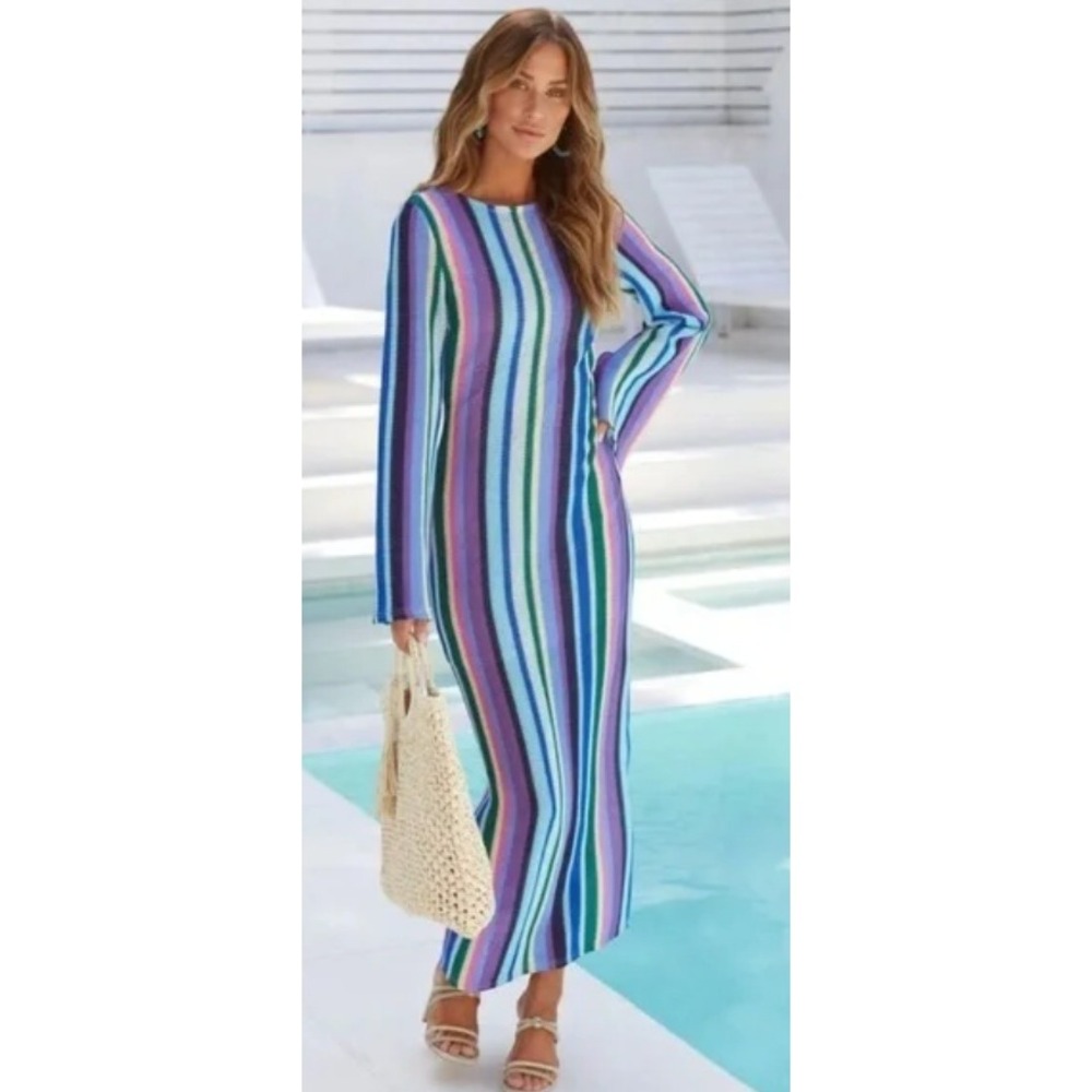 Vici Multi Color Striped Long Sleeve Open‎ Back Maxi Dress